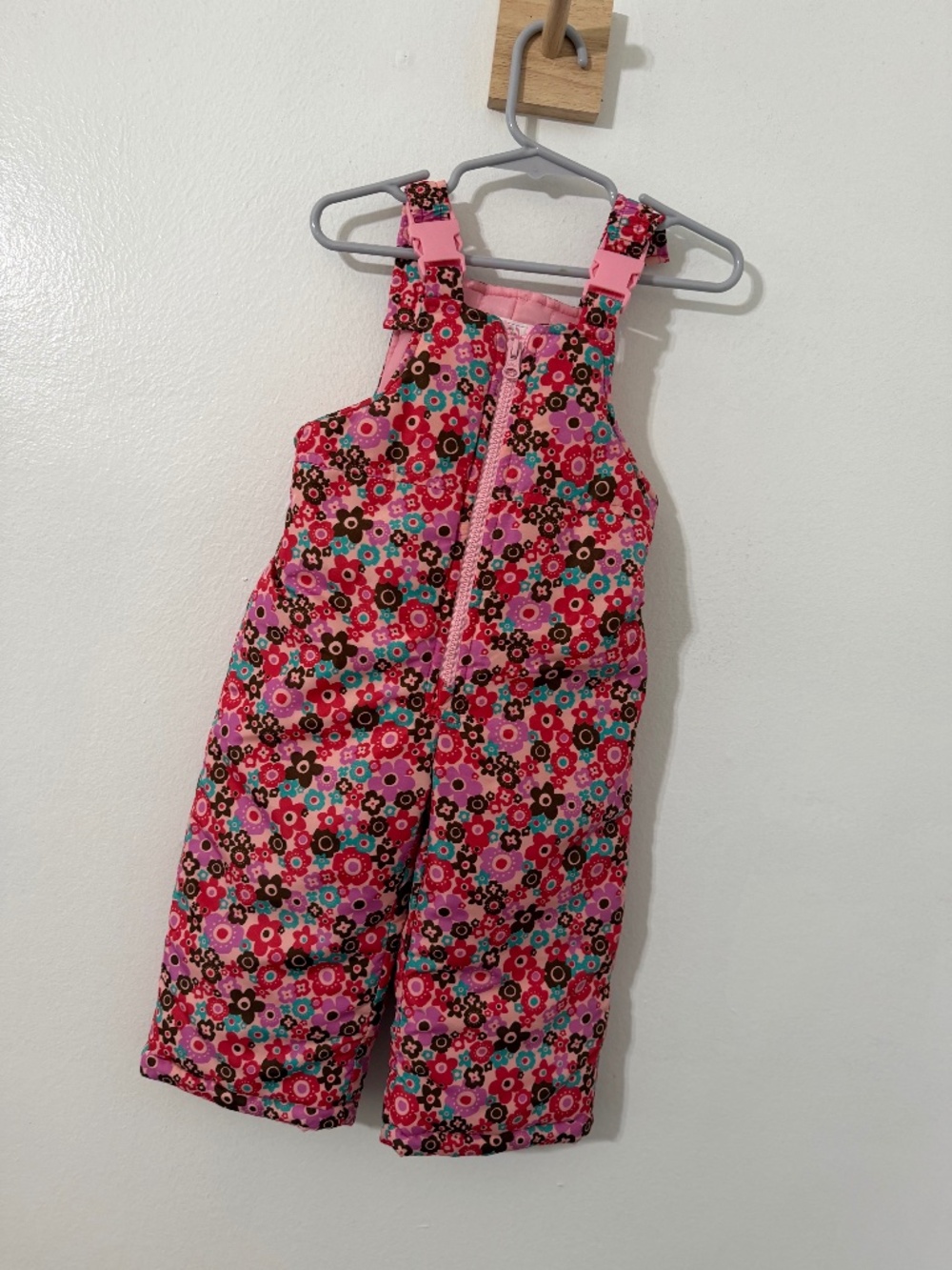 Osh Kosh Bib Snow Pants Pink Floral Print Zip Up Overalls 18 Months Winter